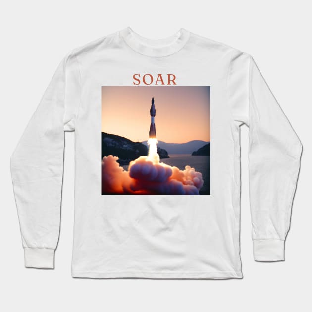 "Solar Soar - Majestic Rocket Launch Tee, Sunset Horizon Design, Vibrant Red, Orange, and White T-shirt, Inspirational 'Soar' Motif, Aesthetic Space Exploration Shirt" Long Sleeve T-Shirt by OpticalShirts